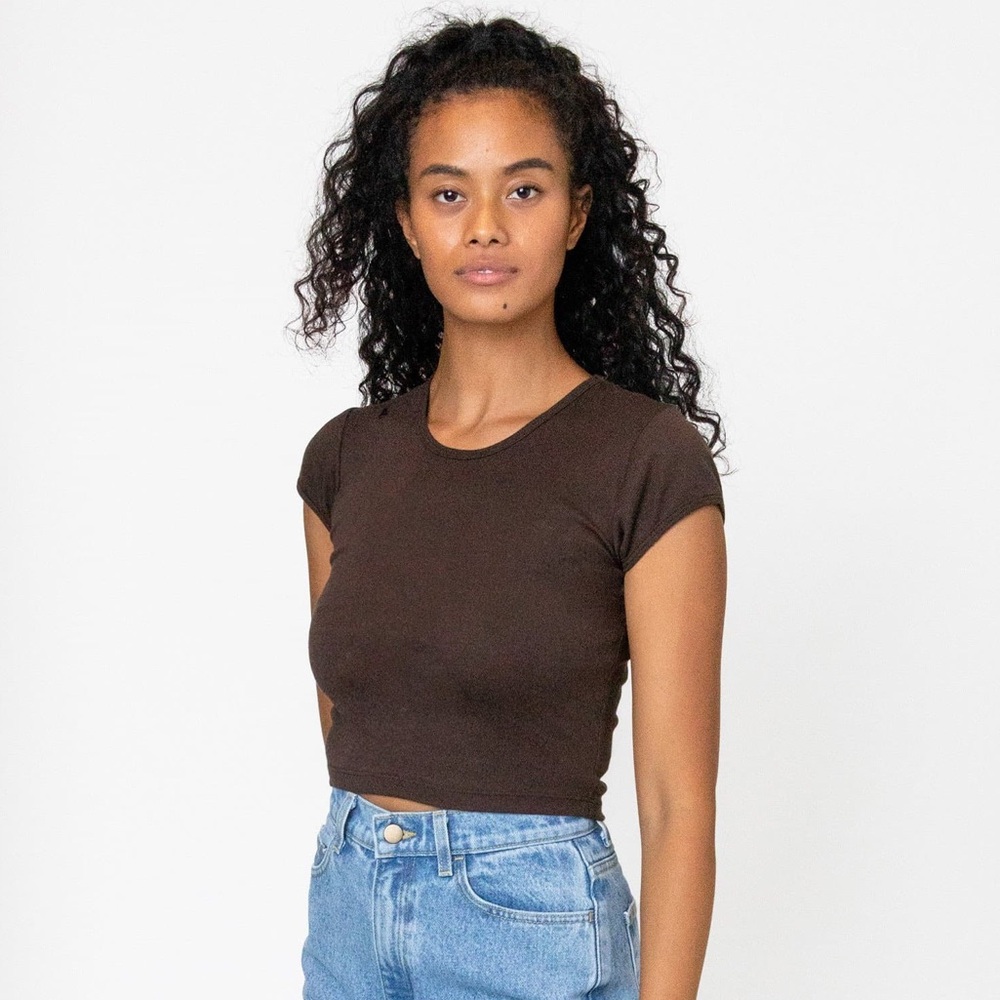 Los Angeles Apparel Baby Rib Crop Tee Cap Sleeve Brown Size Small
